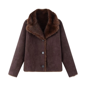 Deep brown faux fur jacket with large lapels and button closure shown on white background