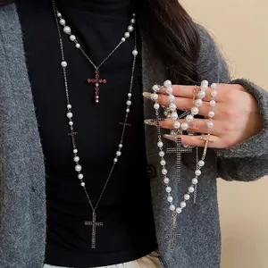 Mehrlagige Kreuzanhänger Halskette Mit Glasperlen Und Strass Gothic Vintage Sweet Cool Schmuck Für Damen