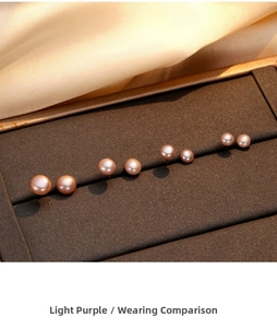 Detailed comparison of lavender freshwater pearl studs in various sizes on velvet