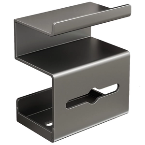 Wall-mounted gunmetal grey metal bathroom tissue holder with S-shaped storage shelf rack