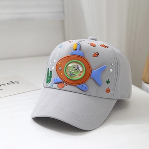 Kids baseball cap featuring a 3D submarine and cartoon dragon print on light gray cotton
