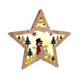 Wooden Christmas star lamp with LED light featuring cutout snowman and forest scenes
