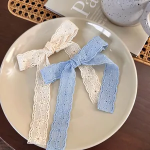 Lace bow hair clip with embroidery ribbon for ballet girl style in beige and light blue