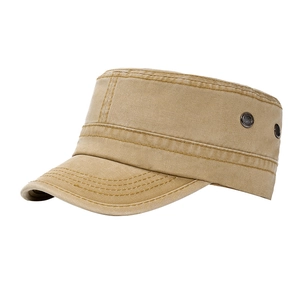Classic washed cotton flat top military cadet cap in khaki with side metal eyelets