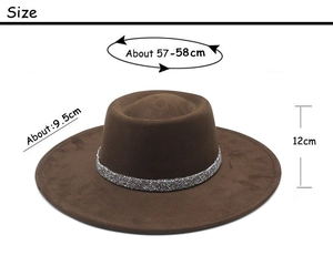 Detailed dimensions of brown suede fedora hat with 9.5cm brim and sequin band detail