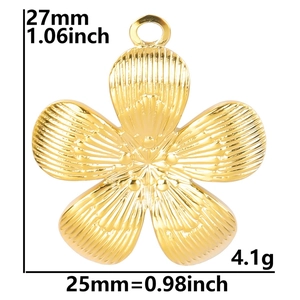 Detailed view of golden 18k plated floral pendant with measurements 27mm by 25mm
