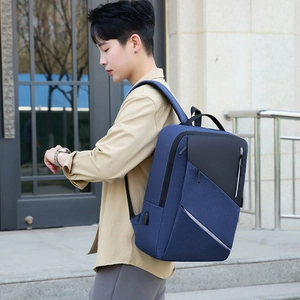 Business laptop backpack for men with USB port in dark blue and black oxford fabric