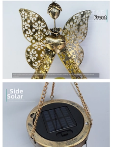 Detail of butterfly solar light featuring hollow iron patterns and solar charging panel