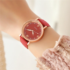 Luminous quartz watch for women with red leather strap and rose gold metal case