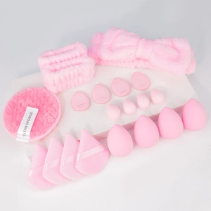 20pcs professional makeup sponge set with beauty blenders and bow headbands in soft pink