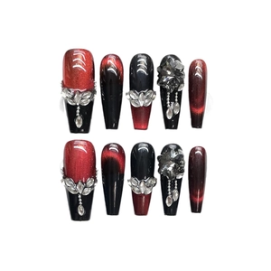 Gothic dark red cat-eye press-on nails with luxury zircon gemstones and pendants
