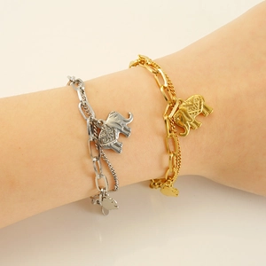Elephant Charm Double Layer Chain Bracelet Stainless Steel 18K Gold Plated Adjustable Aesthetic Fashion Jewelry Women