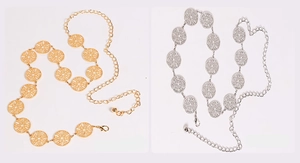Detail of hollow round metal waist chains in gold and silver finish with lobster clasp