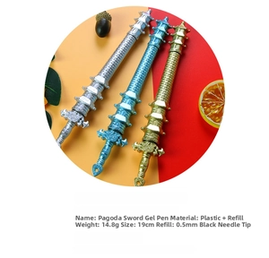 Detailed view of creative pagoda sword gel pens in gold, silver and blue finishes