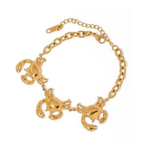 Gold stainless steel thick link bracelet featuring three detailed crab pendants on white background
