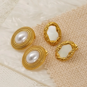 Retro gold oval pearl and irregular seashell stud earrings in vintage European style