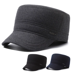 Men Winter Warm Flat Top Cadet Hat Woolen Thickened Fleece Lined Windproof Cap With Ear Flaps For Elderly Fathers