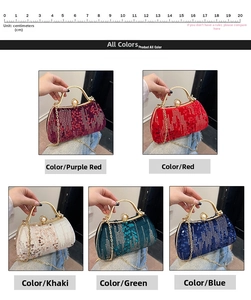 Close-up of sequin evening bags with metal handles and large pearl clasps in five colors