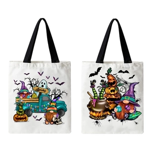 Halloween Canvas Tote Bag Trick Or Treat Candy Gift Bag Reusable Grocery Shoulder Bag Spooky Pumpkin Gnome Print
