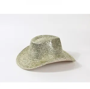 Detail of glitter cowboy hat showing the gold sparkling texture and wide brim