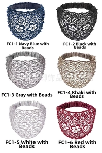 Detail view of lace headbands with pearl beadwork in navy, black, grey, khaki, white, and red