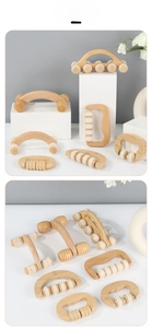 Makro-Detail verschiedener Holz-Massageroller auf einem minimalistischen Display