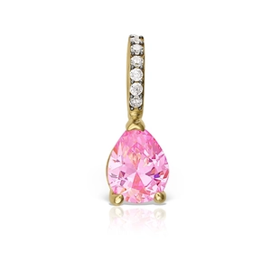 Detailed macro of a pear-cut pink gemstone pendant with gold settings and small diamonds