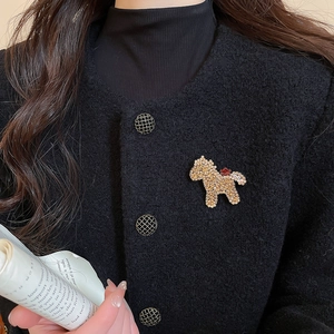 Goldene funkelnde Hunde-Brosche mit Kristallen an einer schwarzen Tweed-Strukturjacke