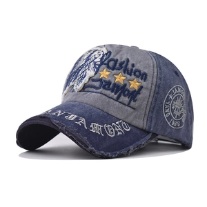 Vintage blue-grey washed cotton baseball cap with 3D embroidery and distressed brim edge