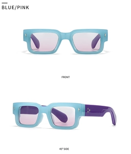 Front and 45-degree side views of blue square thick frame sunglasses with pink lenses
