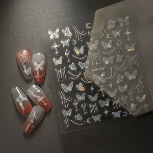 Holographic butterfly nail art stickers with aurora stars and pearl tassel designs