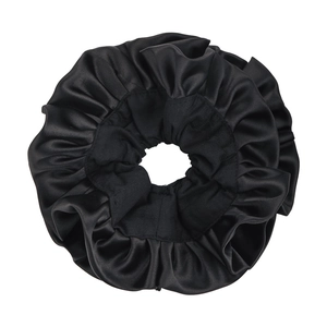 Oversized black ruffled satin scrunchie for ballet style buns with soft silk texture