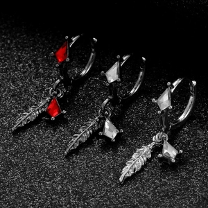 Cool gothic feather earrings with red and clear rhombus gemstones for men and women