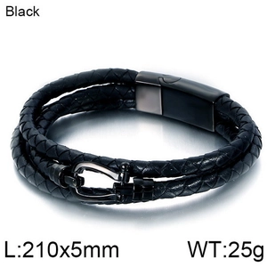 Macro shot of 210x5mm black braided leather bracelet with dark grey metal hook clasp