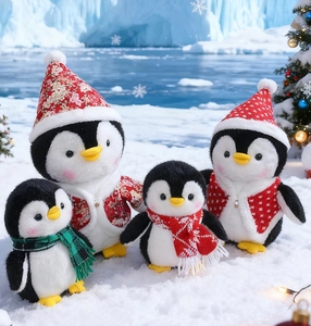 Close-up of four stuffed penguins in festive Christmas scarves and holiday outfits