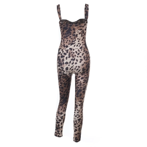 Close-up detail of leopard print pattern on slim fit jumpsuit with elastic fabric