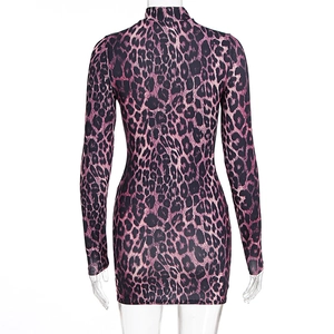 Back view detail of a purple leopard print mini dress with long sleeves and high neck