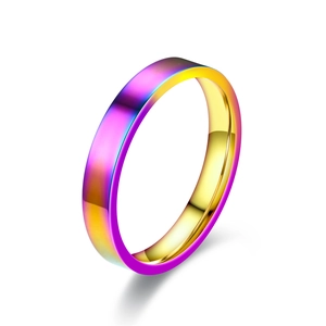 Vue détaillée d'une bague de 4mm en acier inoxydable arc-en-ciel au fini poli métallique