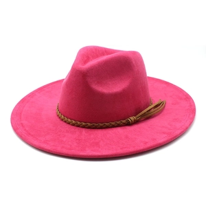 Rose red faux suede fedora hat with wide brim and brown braided leather band detail