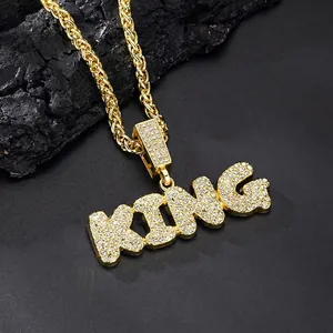 Hip-hop gold plated KING letter pendant necklace with sparkling rhinestones for men