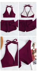 Detailed views of burgundy three-piece halter swimsuit with boyshorts and cover-up top
