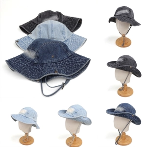 Bob en denim délavé vintage avec cordon réglable coupe-vent pour activités de plein air