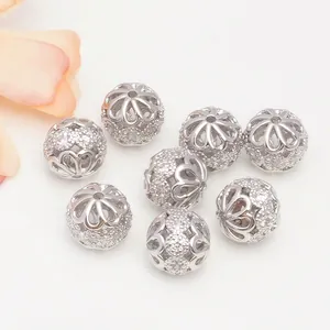 Hollow flower pattern silver beads with zircon inlay for DIY jewelry bracelet making