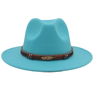 Sky blue wool fedora with brown braided band, colorful beads and golden feather accent