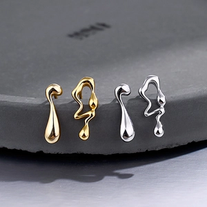 Asymmetric 925 Sterling Silver Stud Earrings Liquid Lava Irregular Teardrop Minimalist Trendy Ear Jewelry For Women