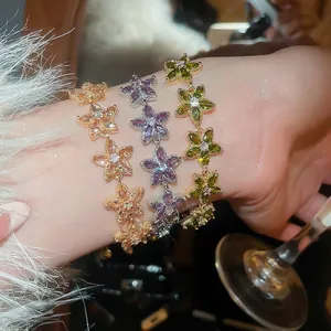 Dainty Zircon Flower Bracelet Adjustable Slide Clasp Copper Marquise Cut Petal Elegant Fashion Jewelry For Women