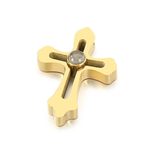Gold stainless steel cross pendant necklace with projection stone on white background