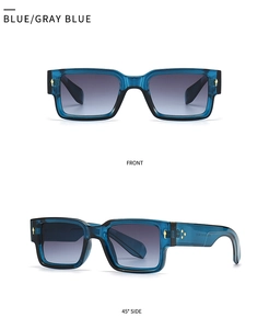 Front and 45-degree views of square blue gradient sunglasses with metal rivets