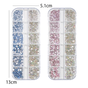 Flatback glass crystal nail art rhinestones in 12-grid storage box with size dimensions