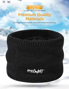 Detailed view of black knitted neck gaiter with white HALOWINT embroidery for winter